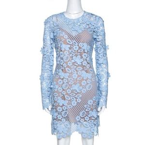 Self Portrait 3D Blue Floral Guipure Lace Long Sleeve Dress S